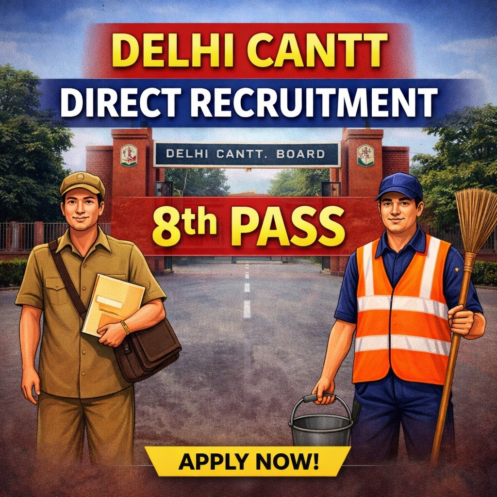 Delhi Cantt Direct Recruitment 2026 – 8th Pass Without Exam | दिल्ली कैंट में 8वीं पास के लिए बिना परीक्षा सीधी भर्ती – 28 जनवरी अंतिम तिथि